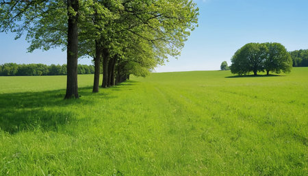 Rural landscape with green meadow, trees and blue sky.の素材