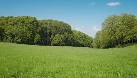 Green meadow and forest in spring time, panoramic viewの素材