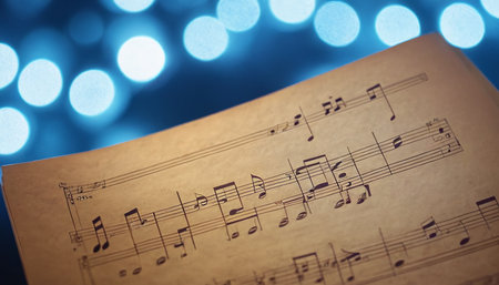 Music sheet on blue bokeh background with copy space, music conceptの素材