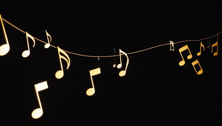 Music notes on a black background, closeup of photo with selective focusの素材