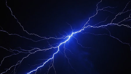 Lightning strike on dark sky background. Thunderstorm, lightning strikeの素材