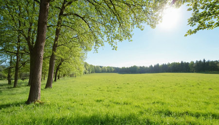 Spring landscape with green meadow and trees on the background of blue skyの素材