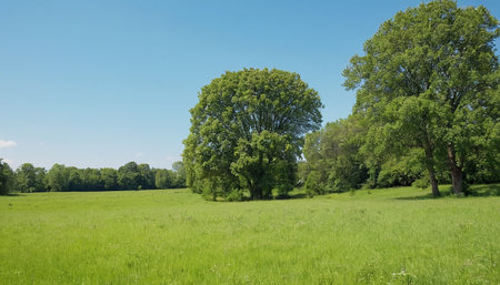 summer landscape with green meadow, trees and blue sky.の素材