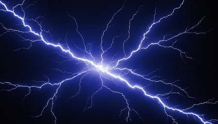 Blue lightning in the night sky, thunderstorm lightning strike, lightning strikeの素材
