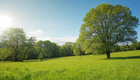 Green meadow with trees and blue sky, spring nature background.の素材