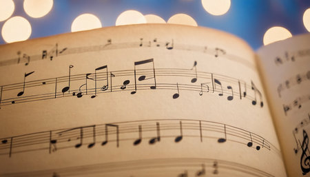Musical notes on old book with bokeh lights background.の素材
