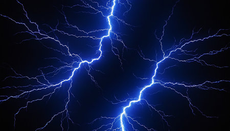 Blue lightning strike on dark background, power and energy concept. 3D Renderingの素材