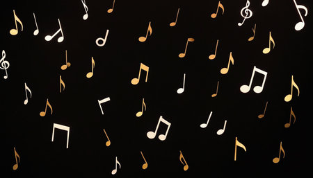 Music notes on a black background. Music background with musical notes.の素材