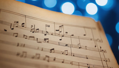 Musical notes on a sheet of paper with blue bokeh backgroundの素材