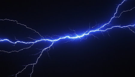 Blue lightning in the night sky. Thunderstorm, lighting effect.の素材