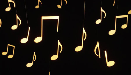 Music notes on a black background. Music background. Music background.の素材