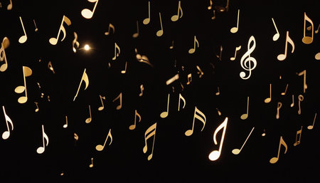 Music notes flying in the dark. Music background. Shallow DOFの素材
