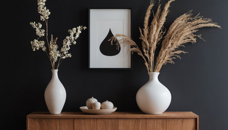 Modern interior design of living room with wooden commode, mock up poster frame, dried pampas grass in vases and candles on black wall backgroundの素材