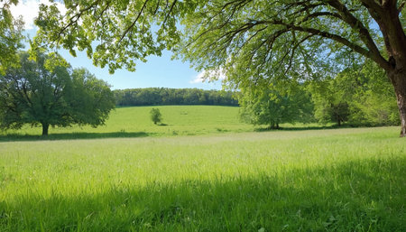 Spring landscape with meadow, trees and blue sky in the backgroundの素材