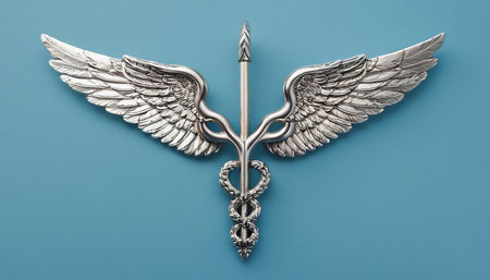 Silver angel wings isolated on blue background. Copy space for text.の素材