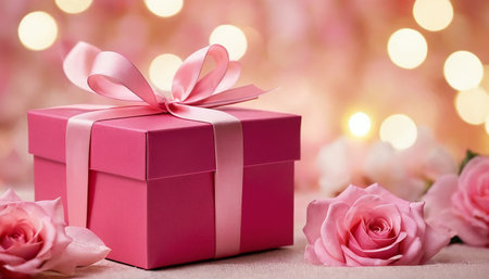 Gift box with pink ribbon and roses on bokeh backgroundの素材