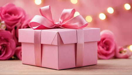 Gift box with pink ribbon on wooden table and bokeh backgroundの素材