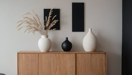 Modern living room interior with wooden commode, vase and black framesの素材