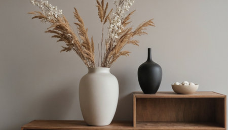 Vase with dried flowers on wooden shelf in modern living room interiorの素材