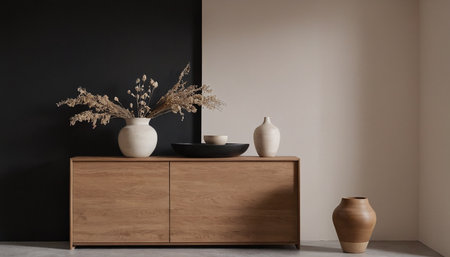 Interior of modern living room with wooden commode and vaseの素材