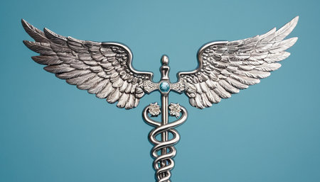 Symbol of Caduceus on blue background. Medical symbol.の素材