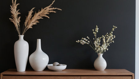 White vase with dried flowers on wooden table and black wall backgroundの素材