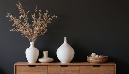 Vase with dried flowers on chest of drawers against dark wallの素材