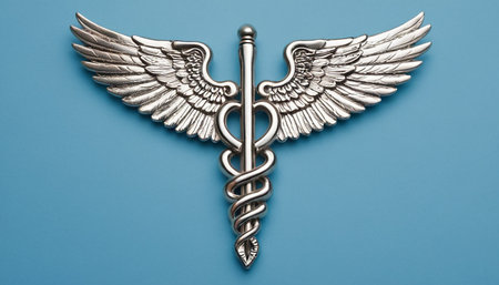 Metal caduceus with wings on blue background. Medical concept.の素材