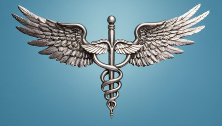Caduceus medical symbol on blue background. 3d renderingの素材