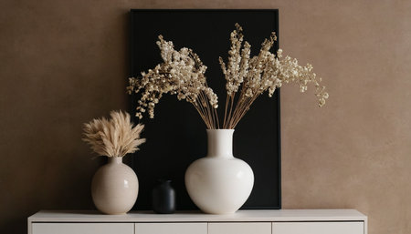Vase with dried flowers on chest of drawers near brown wallの素材