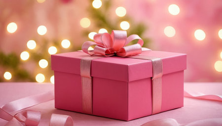 Pink gift box with ribbon and bow on bokeh lights backgroundの素材