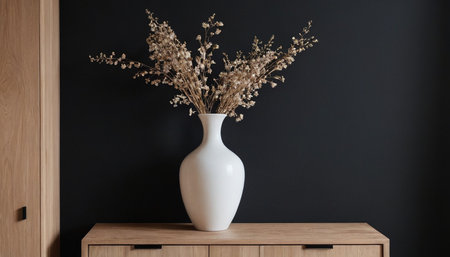 Vase with dried flowers on wooden chest of drawers against black wallの素材