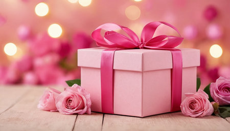 Gift box with pink ribbon and roses on bokeh backgroundの素材