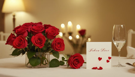 Wedding table with red roses and card for your text.の素材