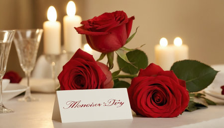 Romantic table setting with red roses and greeting card on blurred backgroundの素材
