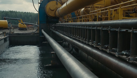 Industrial equipment and machinery in a water treatment plant, close-upの素材