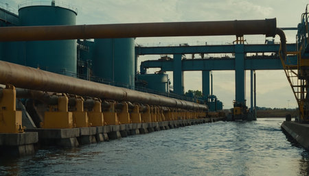 Industrial landscape with pipes, tanks and cables on the river.の素材