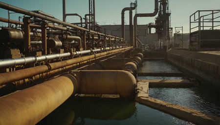Industrial water treatment plant. Steel pipelines and valves on the water.の素材
