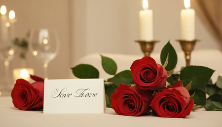 Wedding invitation with red roses on the table in a restaurantの素材