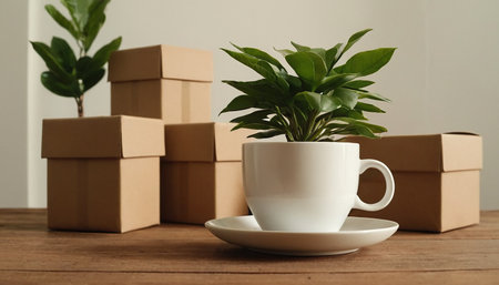 Cup of coffee and boxes on wooden table. Delivery service conceptの素材