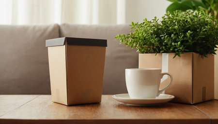Coffee cup and box on wooden table in the living roomの素材