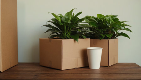 Cardboard boxes with houseplants and coffee cup on wooden tableの素材