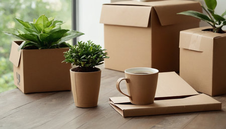 Cardboard boxes and a cup of coffee on a wooden table near the windowの素材