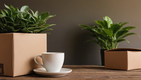 Coffee cup and box on wooden table, closeup. Delivery serviceの素材