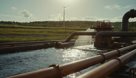 Pipeline of oil and gas in the field with wind turbinesの素材