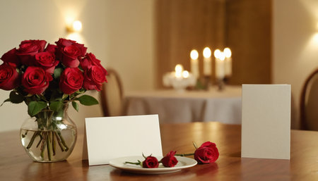 Blank greeting card with red roses on the table in a restaurantの素材