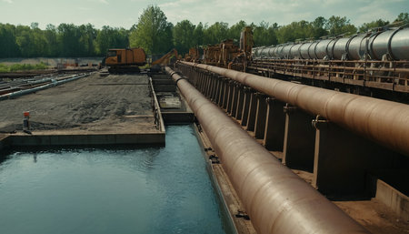 The pipeline on the background of the river. View from above.の素材