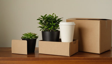 Cardboard boxes with different house plants and coffee cup on wooden shelfの素材