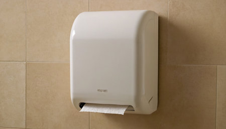 Modern white toilet paper dispenser on the wall of the bathroom.の素材