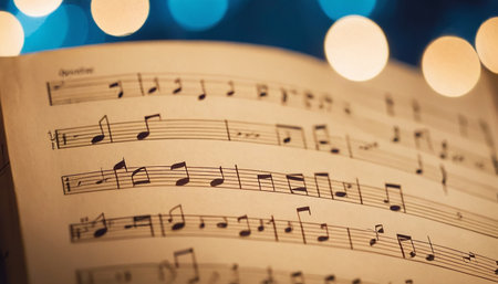 Music sheet with bokeh background, close-up image.の素材